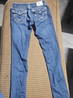L.A. Idol Jeans Size 5 W29 L31.5 Blue Denim White Contrast Stitch Bootcut Distre